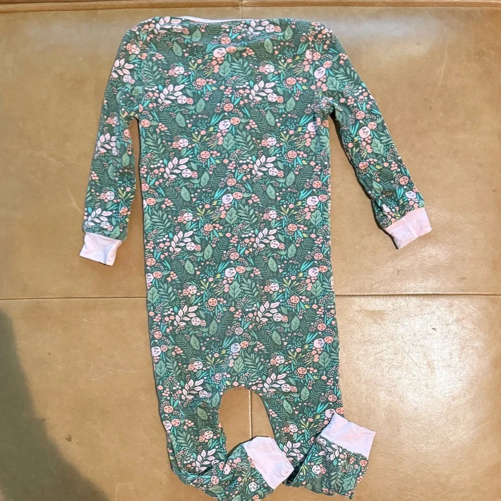 Magnetic Me Green Floral One-Piece Footed Pajamas with Pink Trim
